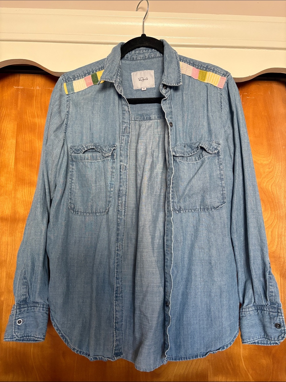 Rails Light Blue Denim Button-Up Shirt with Multicolor Shoulder Stripes